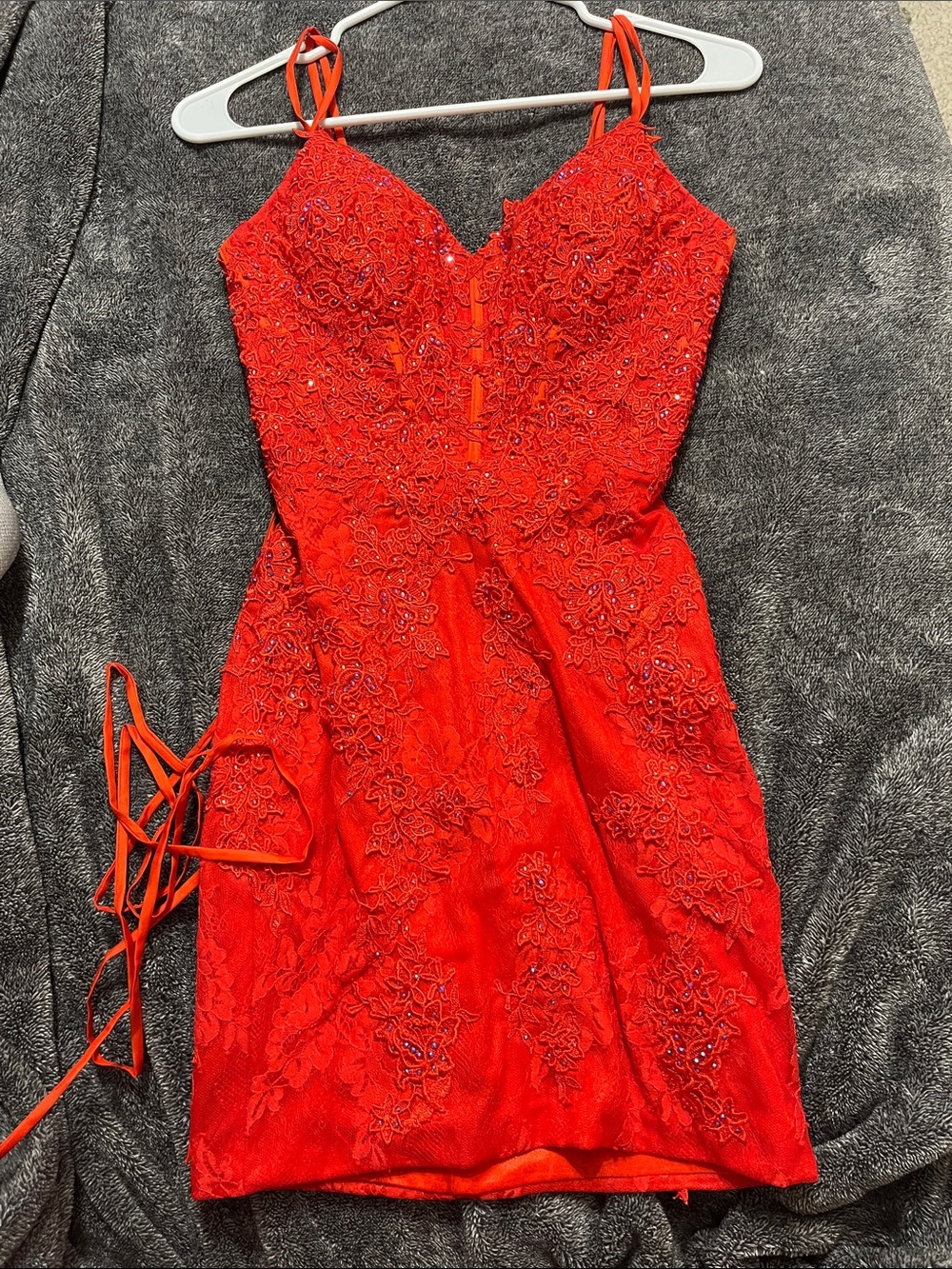 Red Lace Appliqué Mini Dress with Spaghetti Straps
